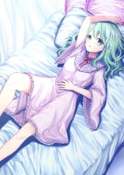 Rule 34 | 1girl, alternate costume, blush, commentary request, curly hair, green eyes, green hair, knee up, komeiji koishi, lingerie, long hair, lying, negligee, on back, on bed, pink negligee, rnkgmn, solo, third eye, touhou, underwear, wide sleeves