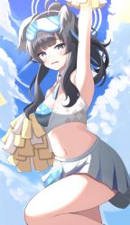 Rule 34 | 1girl, absurdres, ahoge, alternate costume, animal ears, arm up, armpits, black hair, blue archive, breasts, cleavage, cloud, dog ears, goggles, goggles on head, guram, halo, hibiki (blue archive), hibiki (cheer squad) (blue archive), highres, long hair, looking at viewer, medium breasts, millennium cheerleader outfit (blue archive), navel, pom pom (cheerleading), sky, solo