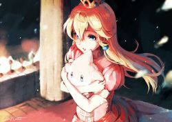 Rule 34 | 1girl, artist name, blonde hair, blue eyes, carpet, crown, dress, earrings, elbow gloves, ellanotte, embers, eyelashes, gloves, highres, holding, holding to chest, jewelry, lips, long hair, luma (mario), mario (series), nintendo, parted lips, pillar, pink dress, pink lips, princess, princess peach, puffy short sleeves, puffy sleeves, red carpet, scene reference, short sleeves, signature, solo, super mario galaxy, white gloves, worried