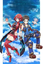 Rule 34 | 1boy, 1girl, black hair, blush, bodysuit, breasts, brown hair, fingerless gloves, gloves, highres, looking at viewer, mochimochi (xseynao), nintendo, open mouth, pyra (xenoblade), red eyes, red hair, rex (xenoblade), short hair, simple background, smile, xenoblade chronicles (series), xenoblade chronicles 2, xenoblade chronicles (series), xenoblade chronicles 2, yellow eyes