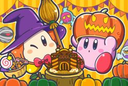 Rule 34 | ;), artist request, banner, basket, blue eyes, blush stickers, bow, bowtie, broom, candy, castle, channel ppp, commentary request, cookie, food, foorlowber, ghost, halloween, hat, invincible candy, kirby, kirby (series), lollipop, mumbies (kirby), nintendo, official art, one eye closed, orange background, orange eyes, pumpkin, pumpkin hat, red neckwear, simple background, sitting, smile, striped, striped background, tedhaun jr., waddle dee, witch hat