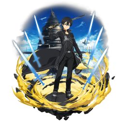 Rule 34 | 1boy, aincrad, belt, black cape, black eyes, black hair, black pants, black shirt, cape, collarbone, dual wielding, full body, highres, holding, holding sword, holding weapon, kirito, looking at viewer, male focus, official art, pants, shirt, solo, sword, sword art online, transparent background, weapon