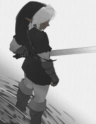 Rule 34 | 1boy, black gloves, black hat, boots, closed mouth, dark-skinned male, dark link, dark skin, fingerless gloves, gloves, hat, highres, holding, holding sword, holding weapon, male focus, nanananana0706, nintendo, pointy ears, solo, standing, sword, the legend of zelda, the legend of zelda: ocarina of time, tunic, water, weapon, white hair