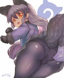 Rule 34 | 1girl, animal ear fluff, animal ears, ass, black gloves, black pantyhose, black skirt, blue jacket, cameltoe, fox ears, fox tail, from behind, from below, gloves, grey hair, highres, jacket, kemono friends, long hair, looking back, looking down, ooba jun, open mouth, panties, pantyhose, paw pose, silver fox (kemono friends), simple background, skirt, solo, tail, thighs, underwear, upskirt, white background, white panties, yellow eyes