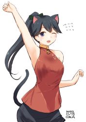 Rule 34 | 1girl, alternate costume, animal ears, armpits, bare shoulders, black skirt, breasts, cat ears, cat tail, dated, detached sleeves, hair ornament, highres, houshou (kancolle), kantai collection, kemonomimi mode, long hair, looking at viewer, medium breasts, one-hour drawing challenge, one eye closed, owa (ishtail), ponytail, purple eyes, red eyes, shirt, simple background, skirt, sleeveless, sleeveless shirt, smile, solo, tail, white background