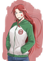 Rule 34 | 1girl, alternate costume, baketsuya, braid, contemporary, eyebrows, facepaint, green eyes, grin, hands in pockets, highres, hong meiling, hood, hooded jacket, jacket, long hair, long sleeves, looking at viewer, mouth hold, pants, red hair, smile, solo, standing, touhou, twin braids, upper body, zipper