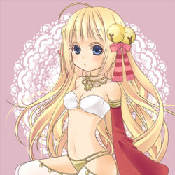 Rule 34 | 1girl, bell, bikini, blonde hair, blue eyes, blunt bangs, blush, bow, breasts, cleavage, commentary request, detached sleeves, feet out of frame, gypsy (ragnarok online), hair bell, hair bow, hair ornament, jewelry, jingle bell, long hair, looking at viewer, medium breasts, mismatched bikini, navel, necklace, nia (littlestars), o-ring, o-ring bikini, o-ring top, open mouth, pants, pink bow, ragnarok online, red sleeves, see-through, solo, strapless, strapless bikini, swimsuit, white bikini, white pants, yellow bikini