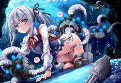 Rule 34 | 1girl, abyssal ship, air bubble, all fours, black dress, bottomless, brown eyes, bubble, clothed sex, commission, dress, enemy naval mine (kancolle), flat chest, interspecies, kantai collection, kasumi (kancolle), kasumi kai ni (kancolle), kumakou, long hair, long sleeves, neck ribbon, pinafore dress, red ribbon, restrained, ribbon, shirt, side ponytail, silver hair, skeb commission, sleeveless, sleeveless dress, solo, tentacle sex, tentacles, thigh strap, torn clothes, torn dress, torn shirt, underwater, white shirt