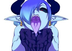 Rule 34 | 1girl, black gloves, black sclera, blue hair, blue skin, colored sclera, colored skin, commentary request, cupping hands, demon horns, earrings, fangs, gloves, hair over one eye, highres, horns, indie virtual youtuber, jewelry, kiyoshi2431, oral invitation, own hands together, pointy ears, red eyes, shigarami imu, solo, tongue, tongue out, underwear, upper body, uvula, virtual youtuber