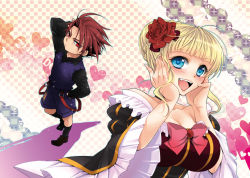 Rule 34 | 1boy, 1girl, beatrice (umineko), black battler, blonde hair, blue eyes, bow, breasts, child, choker, fang, flower, hair bun, hair flower, hair ornament, hands on own cheeks, hands on own face, heart, heart-shaped pupils, large breasts, no naku koro ni (series), open mouth, pink bow, red eyes, red hair, rose, ryuukishi07, shorts, single hair bun, smile, sousui hani, sweater vest, symbol-shaped pupils, time paradox, umineko no naku koro ni, ushiromiya battler, wide sleeves, aged down