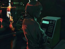 Rule 34 | 1girl, bad id, bad twitter id, brown hair, from behind, highres, original, payphone, phone, reflection, science fiction, short hair, solo, suiso (owp)