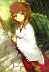 Rule 34 | 1girl, absurdres, bamboo, bamboo forest, broom, brown eyes, brown hair, forest, hair ornament, hairclip, hakama, hakama skirt, highres, japanese clothes, long hair, looking at viewer, miko, nature, original, red hakama, shirabi, side ponytail, skirt, smile, solo