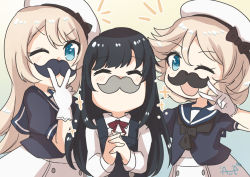 Rule 34 | 3girls, ane hoshimaru, asashio (kancolle), black hair, blonde hair, blue dress, blue eyes, blue sailor collar, buttons, closed eyes, commentary request, dress, fake facial hair, fake mustache, gloves, hat, highres, janus (kancolle), jervis (kancolle), kantai collection, long hair, long sleeves, multiple girls, one eye closed, parted bangs, sailor collar, sailor dress, sailor hat, shirt, short sleeves, skirt, suspender skirt, suspenders, victory pose, white gloves, white shirt