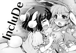 Rule 34 | 2girls, animal ears, bad id, bad twitter id, black hair, blush, grabbing another&#039;s breast, breasts, rabbit ears, rabbit tail, dress, closed eyes, fang, full-face blush, fuurisuto, grabbing, greyscale, hat, highres, inaba tewi, midriff, monochrome, multiple girls, navel, open mouth, ringo (touhou), shirt, short hair, smile, tail, touhou, yuri