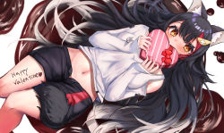 Rule 34 | 1girl, absurdres, animal ear fluff, animal ears, bare shoulders, black hair, black shorts, blush, body writing, bow, box, breasts, chocolate, clothing cutout, from above, gift, hair ornament, hairclip, happy valentine, heart, heart-shaped box, highres, holding, holding gift, hololive, huge filesize, inre kemomimi, long hair, long sleeves, looking at viewer, lying, multicolored hair, navel, on back, ookami mio, ookami mio (casual), red bow, red eyes, red hair, shirt, short shorts, shorts, shoulder cutout, sleeves past wrists, small breasts, solo, streaked hair, tail, tail wrap, two-tone hair, very long hair, virtual youtuber, white shirt, wolf ears, wolf girl, wolf tail