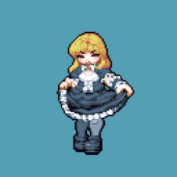 Rule 34 | 1girl, black dress, black footwear, blonde hair, blue background, commentary request, cookie (touhou), curtsey, dress, frilled dress, frills, full body, grey pantyhose, kirisame marisa, long hair, looking at viewer, open mouth, pantyhose, pixel art, red eyes, shirt, shoes, short sleeves, simple background, solo, suzu (cookie), tonchamon san, touhou, v-shaped eyebrows, white shirt, wrist cuffs