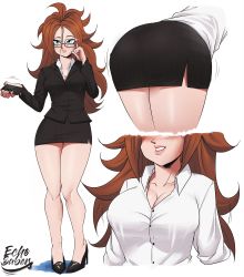 1girl, absurdres, android 21, artist name, black footwear, black high heels, blue eyes, breasts, brown hair, business suit, business woman, businesswoman, cleavage, close-up, collarbone, curvy, dragon ball, dress, echo saber, formal, full body, glasses, hair between eyes, high heels, highres, large breasts, microdress, minidress, multiple views, pencil skirt, shirt, simple background, skirt, suit, white background, white shirt
