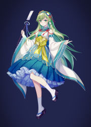 Rule 34 | 1girl, adapted costume, black footwear, blue background, blue hairband, blue skirt, blush, bow, closed mouth, commission, detached sleeves, frog hair ornament, full body, geta, gohei, green eyes, green hair, hair ornament, hair tubes, hairband, holding, holding gohei, kochiya sanae, long hair, looking at viewer, mirror (xilu4), obi, petticoat, red ribbon, ribbon, sash, shirt, single bare shoulder, skirt, sleeveless, sleeveless shirt, smile, snake hair ornament, socks, solo, standing, standing on one leg, touhou, white shirt, white sleeves, white socks, wide sleeves, yellow bow
