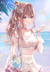 Rule 34 | 1girl, absurdres, bag, blue sky, breasts, brown hair, butterfly hair ornament, collarbone, commentary request, crop top, day, floral print, flower, grey eyes, hair between eyes, hair ornament, hand up, high ponytail, highres, horizon, long sleeves, looking at viewer, midriff, original, outdoors, ponytail, print shirt, print skirt, puffy long sleeves, puffy sleeves, puracotte, shirt, shoulder bag, skirt, sky, small breasts, solo, watch, water, white shirt, white skirt, wristwatch, yellow flower