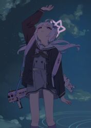 Rule 34 | 1girl, absurdres, ahoge, arm up, backpack, bag, black coat, black neckerchief, blue archive, blue hair, cloud, coat, cottone (highjethoo), expressionless, feet out of frame, grey shirt, grey skirt, gun, hair ornament, halo, highres, kneehighs, long hair, long sleeves, looking up, low twintails, multicolored hair, neckerchief, night, night sky, open clothes, open coat, open mouth, outdoors, pink bag, pink hair, purple eyes, purple socks, reisa (blue archive), sailor collar, school uniform, serafuku, shirt, shotgun, shoulder strap, skirt, sky, socks, solo, star (symbol), star hair ornament, strap slip, stuffed toy, twintails, two-tone hair, weapon, white sailor collar