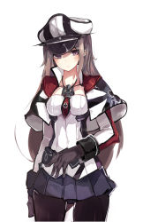 Rule 34 | 10s, 1girl, alternate hairstyle, anchor, arm at side, black gloves, black pantyhose, blush, brown hair, capelet, closed mouth, collarbone, covered navel, cowboy shot, cross, expressionless, gloves, graf zeppelin (kancolle), hat, head tilt, highres, iron cross, kantai collection, long hair, necktie, pantyhose, peaked cap, pleated skirt, purple eyes, purple skirt, red necktie, revision, simple background, sketch, skirt, solo, standing, tsurime, underbust, very long hair, white background, white hat, yu kitsune
