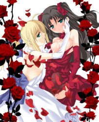 Rule 34 | 2girls, alternate costume, artoria pendragon (all), artoria pendragon (fate), black hair, blonde hair, blue eyes, breasts, cum, cum on body, cum on breasts, cum on upper body, dress, fate/hollow ataraxia, fate/stay night, fate (series), flower, multiple girls, nipples, red flower, red rose, rikky, rose, saber (fate), small breasts, tohsaka rin, two side up, yuri