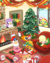 Rule 34 | blush stickers, bookshelf, box, brother and sister, bun (kirby), chilly (kirby), christmas, christmas stocking, christmas tree, christmas wreath, coo (kirby), couch, escargon, fireplace, fumu (kirby), gift, gift box, hair over eyes, highres, indoors, king dedede, kirby, kirby: right back at ya, kirby (series), nintendo, nody (nody lowmoo), one-eyed, open mouth, rick (kirby), scarf, siblings, solid oval eyes, star (symbol), tokkori (kirby), toy train, waddle dee, wreath