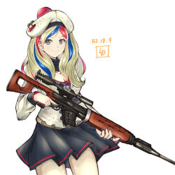 Rule 34 | 1girl, aqua eyes, belt, beret, blonde hair, blue hair, buttons, commandant teste (kancolle), cowboy shot, dated, double-breasted, dress, gun, hat, highres, holding, holding weapon, initial, jacket, kantai collection, ld (luna dial398), long hair, multicolored hair, pom pom (clothes), red hair, rifle, scarf, streaked hair, swept bangs, wavy hair, weapon, white background