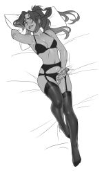 Rule 34 | 1futa, absurdres, biting own lip, breasts, cleavage, clothing aside, commentary, commission, dark-skinned female, dark skin, english commentary, erection, futanari, futanari masturbation, garter belt, garter straps, greyscale, highres, lacryboy, lingerie, long hair, lying, masturbation, medium breasts, monochrome, naughty face, navel, on back, on bed, original, panties, panties aside, penis, pillow, pillow grab, ponytail, precum, rolling eyes, solo, testicles, thighhighs, uncensored, underwear, underwear only, veins, veiny penis