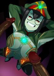 Rule 34 | 1girl, 2boys, :d, absurdres, armpits, arms behind head, black footwear, black hair, boots, breasts, bright pupils, colored skin, core crystal (xenoblade), dark-skinned male, dark skin, fire, glasses, glowing, green skin, grin, half-closed eyes, hat, highres, large breasts, looking at viewer, multiple boys, muscular, muscular female, navel, newt (xenoblade), no panties, open mouth, peaked cap, penis, prostitution, red eyes, revealing clothes, round eyewear, short hair, shrug (clothing), smell, smile, spread legs, squatting, ssbbtxxx, stomach, teeth, textless version, thigh boots, white pupils, xenoblade chronicles (series), xenoblade chronicles 2