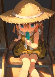 Rule 34 | 1girl, arm support, bare legs, bare shoulders, blue eyes, braid, brown hair, brown hat, child, cloneko (zelmeledf2), covered mouth, day, dress, eating, female focus, flat chest, food, hand up, hat, hat ribbon, highres, holding, holding food, knees together feet apart, legs, long hair, looking at viewer, on stairs, original, outdoors, popsicle, ribbon, shadow, shiny skin, short dress, sidelocks, single braid, sitting, sleeveless, sleeveless dress, solo, stairs, straw hat, sun hat, sunlight, sweat, wooden floor, yellow dress