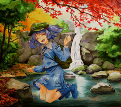 Rule 34 | 1girl, :d, ^ ^, autumn leaves, blue footwear, blue hair, blue shirt, blue skirt, blush, boots, breasts, cabbie hat, closed eyes, closed mouth, collared shirt, day, eyebrows, facing away, frilled shirt collar, frills, full body, green hat, hair between eyes, hair bobbles, hair ornament, hat, jumping, kawashiro nitori, key, leaf, legs together, long sleeves, marker (medium), millipen (medium), miniskirt, moss, nature, open mouth, outdoors, palms, pocket, rock, rubber boots, shiratama (hockey), shirt, short hair, skirt, skirt set, sleeve cuffs, small breasts, smile, solo, tongue, touhou, traditional media, tree, twintails, two side up, water, waterfall