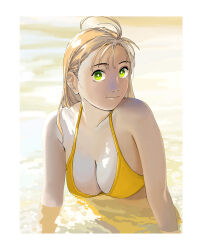 Rule 34 | 1girl, ahoge, bare shoulders, bikini, border, breasts, cleavage, closed mouth, commentary request, green eyes, highres, kantai collection, kinugasa (kancolle), large breasts, long hair, looking at viewer, ocean, ojipon, outdoors, partially submerged, pink hair, solo, swimsuit, upper body, water, white border, yellow bikini