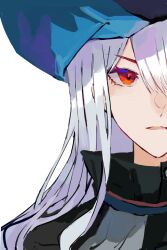 Rule 34 | 1girl, arknights, black hat, blue hat, chinese commentary, close-up, closed mouth, commentary request, expressionless, eyelashes, grey hair, hair between eyes, hair flowing over, hat, high collar, highres, long bangs, long hair, looking at viewer, parted lips, portrait, red eyes, shadow, sidelocks, simple background, skadi (arknights), solo, straight-on, v-shaped eyebrows, white background, xianyugan628