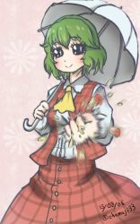 Rule 34 | 1girl, apple, ascot, black eyes, buttons, chamaji, commentary request, crushing, food, fruit, green hair, highres, kazami yuuka, long sleeves, one-hour drawing challenge, parasol, plaid, plaid skirt, plaid vest, short hair, skirt, skirt set, smile, solo, touhou, umbrella, vest