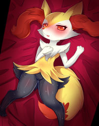 Rule 34 | 1girl, animal ear fluff, animal ears, animal feet, animal hands, animal nose, bed sheet, black fur, blush, body fur, braixen, creatures (company), digitigrade, fang, female focus, flat chest, fox ears, fox girl, fox tail, furry, furry female, game freak, gen 6 pokemon, groin, half-closed eyes, hand on own chest, hands up, highres, looking at viewer, lying, nervous sweating, nintendo, no pussy, nose blush, on back, open mouth, pokemon, pokemon (creature), red background, red eyes, samimitan, skin fang, snout, solo, sweat, tail, white fur, yellow fur