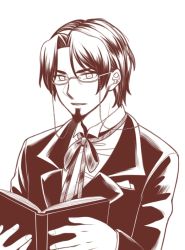 Rule 34 | 1boy, bespectacled, book, facial hair, fate/zero, fate (series), formal, glasses, goatee, male focus, monochrome, open book, reading, solo, suit, tohsaka tokiomi, yuu (cancer)