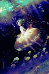 Rule 34 | 1other, artist name, bare arms, barefoot, bubble, bubble skirt, chinese commentary, commentary request, crystal hair, dappled sunlight, dress, expressionless, full body, green eyes, green hair, highres, houseki no kuni, jellyfish, long dress, looking at viewer, looking back, other focus, parted lips, phosphophyllite, puffy short sleeves, puffy sleeves, short sleeves, skirt, solo, sunlight, toes, underwear, white dress, yichen wendy