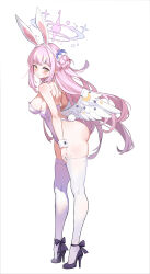Rule 34 | 1girl, angel wings, animal ears, blue archive, blush, breasts, dress, fake animal ears, feathered wings, full body, hair bun, halo, high heels, highres, large breasts, leotard, looking at viewer, mika (blue archive), pink hair, playboy bunny, rabbit ears, rabbit tail, simple background, single side bun, solo, strapless, strapless dress, tail, thighhighs, tunoko98, white background, white leotard, white thighhighs, white wings, wings, wrist cuffs