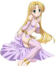 Rule 34 | 10s, 1girl, anklet, asia argento, barefoot, blonde hair, blush, bracelet, breasts, cleavage, collarbone, detached sleeves, fingerless gloves, gloves, green eyes, hand on ass, high school dxd, jewelry, long hair, looking at viewer, lying, midriff, navel, necklace, on side, purple skirt, see-through, sideboob, skirt, small breasts, solo, stomach, transparent background, very long hair
