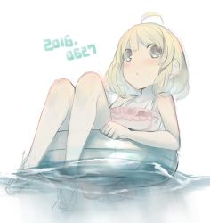 Rule 34 | 1girl, ahoge, blonde hair, blush, closed mouth, dated, floating, grey eyes, innertube, looking at viewer, original, pursed lips, rayvon, short hair, sitting, solo, swim ring, swimsuit