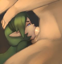 Rule 34 | 1boy, 1girl, 34no404, blue eyes, clothed female nude male, deepthroat, elf, eyebrows, fellatio, forced, from side, green hair, green hairband, hair ornament, hairband, half-closed eyes, hand on another&#039;s head, hetero, irrumatio, lips, nintendo, nude, oral, penis, pointy ears, profile, saria (zelda), short hair, simple background, solo focus, tagme, tears, testicles, the legend of zelda, the legend of zelda: ocarina of time, uncensored, upper body