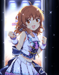 Rule 34 | 1girl, ahoge, alternate hairstyle, araki hina, bare shoulders, blue ribbon, blue shirt, blurry, blurry background, blush, bow, braid, breasts, brown eyes, brown hair, collarbone, crop top, cropped jacket, cropped shirt, curtains, detached sleeves, dot nose, emblem, frilled skirt, frilled sleeves, frills, hair bow, hair ribbon, hands up, idolmaster, idolmaster cinderella girls, idolmaster cinderella girls starlight stage, indoors, jacket, looking at viewer, medium breasts, messy hair, midriff, mitsuki meia, multicolored clothes, multicolored skirt, navel, neckerchief, no eyewear, open mouth, polka dot, polka dot shirt, purple neckerchief, ribbon, sailor collar, shirt, short hair, single braid, skirt, sleeveless, sleeveless jacket, sleeveless shirt, smile, solo, sparkle, stage, stage lights, white jacket, white sailor collar, white sleeves, wooden floor