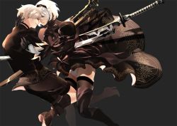 Rule 34 | 1boy, 1girl, black dress, blue eyes, boots, dress, hairband, juliet sleeves, leotard, long sleeves, mole, mole under mouth, nier (series), nier:automata, puffy sleeves, pvc parfait, ribbed dress, smile, sword, thigh boots, thighhighs, weapon, white hair, 2b (nier:automata), 9s (nier:automata)