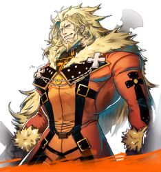 Rule 34 | 1boy, bara, beard, blonde hair, blue eyes, coat, commentary request, cross, facial hair, fur-trimmed jacket, fur trim, geulim (m0m030m), guilty gear, highres, jacket, large pectorals, leo whitefang, long hair, looking at viewer, male focus, mature male, muscular, muscular male, open clothes, open coat, orange coat, pectorals, smile, solo, white background