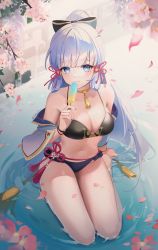Rule 34 | 1girl, absurdres, ayaka (genshin impact), bare legs, bare shoulders, bikini, black bikini, black bow, blue eyes, blue hair, blunt bangs, blush, bow, bracelet, breasts, cherry blossoms, choker, cleavage, closed mouth, day, detached sleeves, flower, flower knot, food, frilled bikini, frills, full body, genshin impact, hair bow, hair ribbon, high ponytail, highres, holding, holding food, jewelry, long hair, long sleeves, looking at viewer, medium breasts, mole, mole under eye, naru 0, navel, off shoulder, outdoors, petals, pink ribbon, ponytail, popsicle, ribbon, ripples, shallow water, sidelocks, silver hair, sitting, smile, solo, spring (season), stomach, swimsuit, tassel, thighs, tress ribbon, twitter username, very long hair, water, wet, white flower
