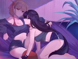 Rule 34 | 2girls, absurdres, bare shoulders, barefoot, black hair, black shirt, black shorts, blonde hair, bra strap, chinese commentary, commentary request, crop top, hair ribbon, highres, indoors, inoue takina, kneeling, long hair, long sleeves, looking at viewer, lycoris recoil, midriff, multiple girls, navel, nishikigi chisato, off-shoulder shirt, off shoulder, open fly, piuta, plant, purple eyes, red eyes, red ribbon, red thighhighs, ribbon, shirt, short hair, short shorts, shorts, sitting, stomach, strap slip, thighhighs, thighs, tied shirt, very long hair