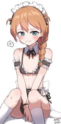Rule 34 | anger vein, apron, aqua eyes, arm strap, baba konomi, back bow, between legs, bikini, black bikini, black ribbon, black wristband, blush, bow, braid, breasts, brown hair, clenched teeth, commentary request, covering privates, covering crotch, detached collar, embarrassed, eyebrows, frilled bikini, frills, hair between eyes, hand between legs, highres, idolmaster, idolmaster million live!, looking away, maid, maid apron, maid bikini, maid headdress, medium hair, midriff, myeolchi, navel, on floor, ribbon, sitting, small breasts, socks, solo, speech bubble, string bikini, sweat, swimsuit, teeth, unconventional maid, v arms, white background, white bow, white socks, wristband