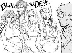 Rule 34 | 1koma, 2boys, 3girls, absurdres, aged up, bare arms, bare shoulders, bb (baalbuddy), big belly, breasts, chest hair, cleavage, comic, commission, crossover, english text, facial hair, gigachad (meme), half-closed eyes, hands on own stomach, harem, hetero, highres, husband and wives, large breasts, link, long hair, looking at another, mature male, medium hair, meme, monochrome, multiple boys, multiple girls, mythra (xenoblade), navel, nervous sweating, nia (xenoblade), nintendo, open clothes, outie navel, pregnant, pyra (xenoblade), rex (xenoblade), shirt, short hair, sleeveless, sleeveless shirt, sleeveless sweater, smile, stomach, sweat, sweater, swept bangs, the legend of zelda, turtleneck, turtleneck sweater, very long hair, xenoblade chronicles (series), xenoblade chronicles 2
