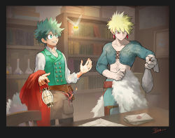 Rule 34 | 2boys, abs, apron, bakugou katsuki, blonde hair, boku no hero academia, brown apron, buttons, cape, collarbone, commentary request, double-breasted, dragon, earrings, envelope, fairy, freckles, fur trim, green eyes, green hair, green pants, green vest, grin, hands up, indoors, jewelry, long sleeves, looking up, male focus, midoriya izuku, minidragon, multiple boys, official alternate costume, pants, pero (pero56870578), red cape, red eyes, shirt, smile, toned, toned male, trash can, vest, waist apron, white shirt